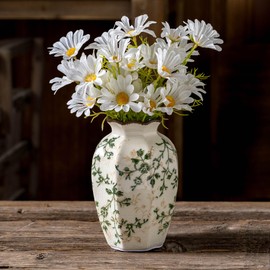 Vintage Pastoral Octagonal Vase, Green and Beige Retro Ceramic Flower Vases, Rustic Farmhouse Vases Chinoiserie Floral Small Vase for Home Decor, Living Room, Kitchen, Bedroom and Shelf 6.7 Inch