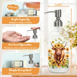 JarThenaAMCS 2Pcs Highland Cow Sunflower Soap Dispenser Cattle Floral Glass Dispenser with Pump Refillable Clear Liquid Soap Container for Farmhouse Kitchen Bathroom