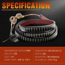 Tailgate Light Bar 60 Inch Triple Row Tail Light bar for Pickup Trailer SUV RV Van Full Function Red Brake White Reverse Amber Turn Signal Double Flash Light No Drill Install (60inch)