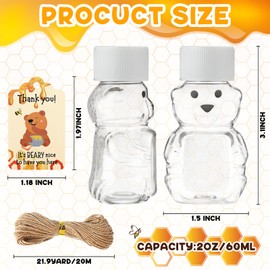 Funnymoom 96 Sets 2 oz Plastic Honey Bear Bottle Bear Shape Clear Empty Honey Jar 96 Tags 2 Rolls Jute Rope Honey Containers Empty Honey Dispenser for Baby Shower Party Favors Gifts (White Lid)