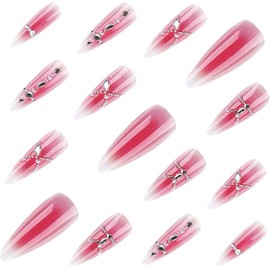 24 Pcs Clear Claret Press on Nails Stiletto Almond - SHANRUN Ombre French Tip Fake Nails Press ons Nail Art Glue on Nails Full Cover Artificial Acrylic False Nail with Rhinestones Design Decoration