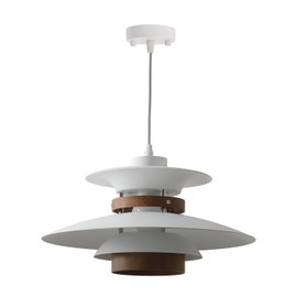 EFINEHOME Modern Decor Adjustable Pendant Lamp Kitchen Island, Aluminum and Wood Finish,1-Light E26 Base Ceiling Hanging Light for Dining Room Shop Restaurant (White+Dark Wood Grain, 35cm)