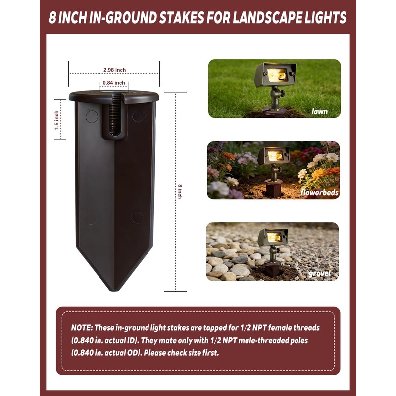 10 Pack 8'' Landscape Light Stakes, 1/2" NPT Thread ABS