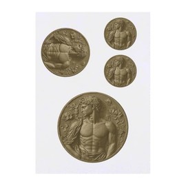 4 x 'Coin with Greek Muscular Man ' Temporary Tattoos - Water Resistant, Skin-Safe, Non-Toxic Transfers, Mixed Sizes (TO00081646)