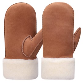 Harssidanzar Mitten Gloves For Winter,Mens Sheepskin Shearling Heated Warm Furry Cuff Mitten Gloves For Winter Cold Weather KM042,Cammel,Size M