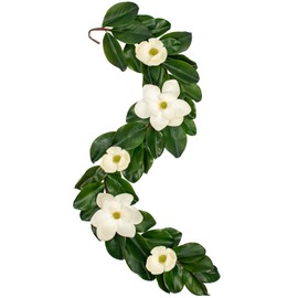 Arborus Artificial Magnolia Garland 5FT – Real Touch Flowers & Greenery Vine for Wedding Arch, Mantel, Table, Indoor Decor – Faux Magnolia Leaf Garland (White Flowers)