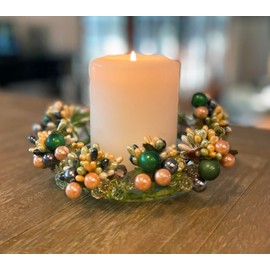 6 Inch Crystal and Pearlized Berry Candle Ring, Holds 3.75 Inch Pillar Candle - Green, Blue, Yellow and Blush