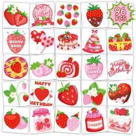 Konsait Strawberry Tattoos for Kids, 96Pcs Berry Sweet Strawberry Shortcake Birthday Party Decorations Tattoos, Strawberry Party Favors & Strawberry Goodie Bag Stuffers, 48 Design