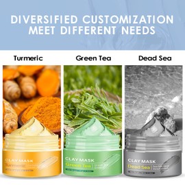 Pack of 3 Clay Face Masks Kit, Turmeric Face Mask, Green Tea Clay Mask, Dead Sea Minerals Mud Mask, Face Scrub, Pores Reducing, Moisturising, Cleansing Skin Care, 300 g