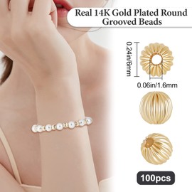 Beebeecraft 100pcs/box Round Spacer Beads 14K Gold Plated Brass Grooved Wavy Loose Beads 6mm Jewellery Making Beads for DIY Bracelet Earring Necklace