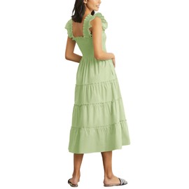 Rooscier Women's Square Neck Smocked Ruffle Sleeveless Tiered A Line Sundress Midi Dress Solid Light Green X-Large