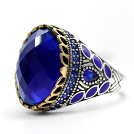 Anillo sólido de plata de ley S925 para hombre, vidrio azul, ágata negra, ágata roja, morado, circonita, turquesa, anillo hecho a mano, estilo nacional, joyería única, 11, Metal, Ágata