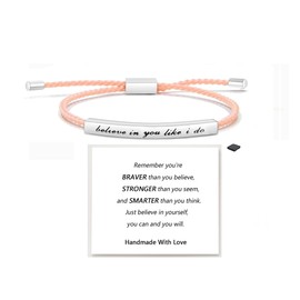 LIU JUN Believe In You Like I Do Motivational Tube Bracelet For Women, Adjustable Hand Bradied Wrap Stainless Steel Inspirational Gifts Jewelry (Believe In You Like I Do Silver+Pink)