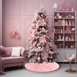AOGU 48 Inch Sequin Faux Fur Christmas Tree Skirt for Christmas Tree Decorations Pink Plush Silver Sequin Snowflake Tree Skirt