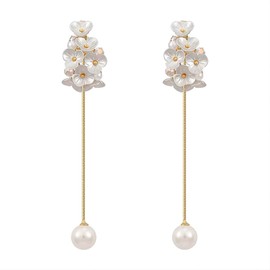 Cualque White Pearl Flower Drop Earrings 925 Sterling Silver Post Long Fringe Pearl Pendant Petal Stud Dangle Statement Earring for Women (Pearl Flower)
