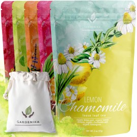 Gardenika Loose Leaf Tea Set, Herbal Caffeine-Free Set - Rooibos, Spearmint, Chamomile, Hibiscus, Tulsi, Turmeric, Ginger Teas – 5 Pack Assortment (10 oz)