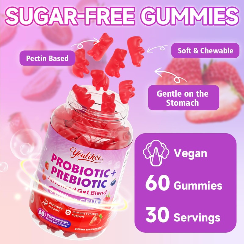 Youlikee 2 Pack Prebiotic + Probiotic Gummies, 5 Billion CFUs
