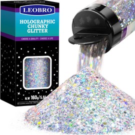 Glitter, Holographic Chunky Glitter, 160G/5.64OZ Silver Glitter, LEOBRO Craft Glitter for Resin, Metallic Iridescent Silver Chunky Glitter Sequins Flakes, Makeup Face Body Glitter, Christmas Glitter