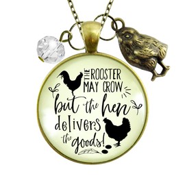 Gutsy Goodness Chicken Necklace Rooster May Crow Hen Delivers Funny Country Life Jewelry 24"
