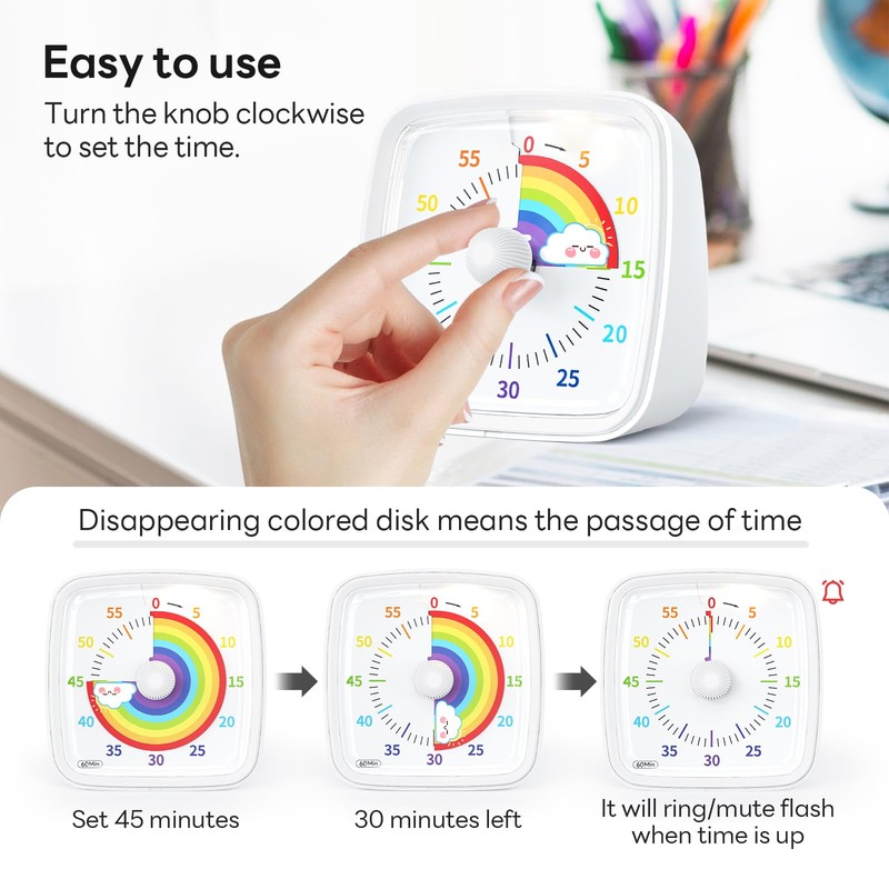 Yunbaoit Visual Timer with Night Light, 60-Minute Rainbow Countdown Timer