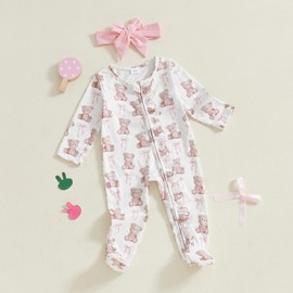 Lenjindjer Newborn Baby Girl Easter Outfit Long Sleeve Bow Bunny Print Footies Zipper Jumpsuit Headband 2pcs Spring Clothes (Pink, 0-3 Months)