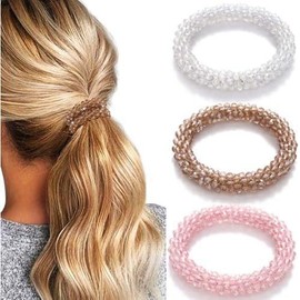 Rhinestone Hair Ties Elastic Ponytail Holder Sparkly  Hair Scrunchies Beaded Set Hair Bands Hair Accessories for Women and Girls(Pack of 3) (Type A) - Color: Type B