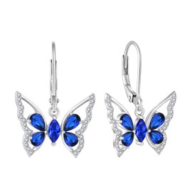 YL Women's 925 Sterling Silver Butterfly Dangle Drop Earrings Created Sapphire Leverback Jewelry