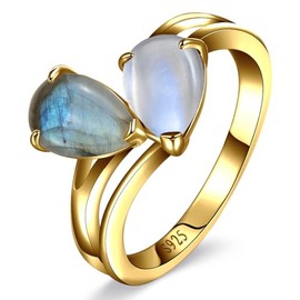 ETERMBOL 14K Gold Toi et Moi Ring Moonstone & Labradorite Ring Sterling Silver Pear Cut Engagement Ring Double Stone Promise Ring for her Valentine Ring Size 9