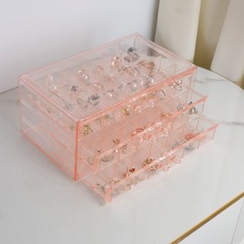 YUFONG Earring Storage Box Organizer 3 Drawers Acrylic Jewelry Storage Box Holder Transparent Jewelry Display Stand with 72 Small Compartments Gift for Women Girls (Clear Pink)