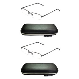 EYE ZOOM 2 Pack Rectangular Metal Half Rim Reading Glasses with Case for Men and Women, Gunmetal +2.50
