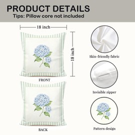 FOPENEM Blue Hydrangea Floral Pillow Covers 18x18, Blue Hydrangea Decor, Cottagecore Blue and White Striped Botanical Flower Decorative Pillow Covers for Bedroom Living Room