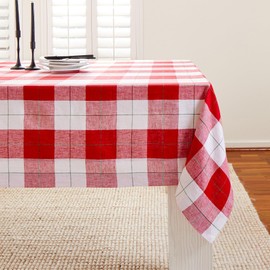 Solino Home Linen Christmas Plaid Tablecloth 60 x 90 Inch - 100% Pure Linen Red and White Very Merry Tartan Plaid Table Cloth for Rectangle Tables - Machine Washable Tablecloth