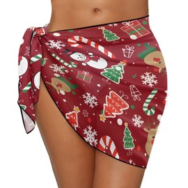 Annejudy Sarong Wrap Coverups for Women Beach Bikini Quick Dry Cover Up Soft Sheer Chiffon Short Skirt One Size, Easy to tie, Christmas Snowman, One Size