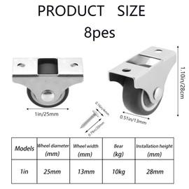 MYTOAU 8pcs 1 Inch Low Profile Rubber Non Swivel Silent Ball Bearing Furniture Caster Wheels