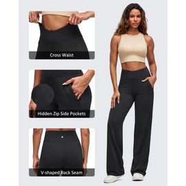 G4Free Women's Wide Leg Trousers with Zipper Pockets Comfy High Waist Yoga Casual Breathable Stretchy Pants(Black,XS,29")
