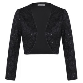 GRACE KARIN Women's Sparkling Sequin Bolero 3/4 Sleeve Lace Trimmed Cardigan Shrug, black
