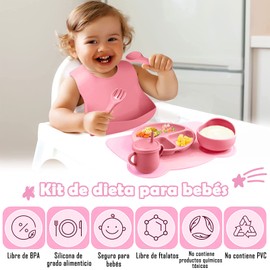 Platos para Bebe Silicon, 10 Pzas Set Alimentacion Complementaria Bebe, Sin BPA, Platos para Bebe Antivuelco, Babero Ajustable, Fácil de Limpiar, Apto para Microondas, Regalos para Niña/Niño (Rosa)