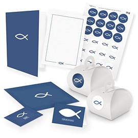 itenga Set of 24 x Guest Gift Boxes with Handle, 24 x Thank You, 24 x Place Cards, 12 x Folding Cards A6, 12 x Postcard, Communion, Confirmation, Christening Invitation (Blue)