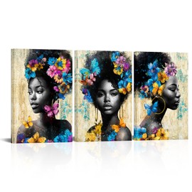 KLVOS 3 Piece African American Wall Art Beautiful Black Women Painting Blue Flower Pictures Butterfly Art Prints Framed Portrait Artwork Lady Home Bathroom Bedroom Office Wall Decorations