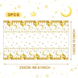XNIVUIS 3 Pack Ramadan Table Cloth,130x220cm White Gold Eid Decorations Table Cloth Plastic Moon Star Tablecover,Ramadan Decorations for Eid Ramadan Decorations Islam Muslim Party (white)