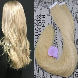 Tape in Human Hair Extensions #613 Bleach Blonde Real Hair Extensions Seamless Skin Weft 16 Inch Soft Straight Full Head Blonde Tape in Hair Extensions 50grams 20pcs
