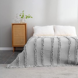 Ultra Soft Pre-Washed Quilted Boho Grey Queen Size Blankets for Bed, Ruffle Fringed Decorative Throw, Stone Washed Chic Rustic Blanket for Sofa Couch Bed, 90"*90"