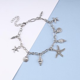 Erimberate Bohemian Starfish Paperclip Chain Anklet Silver Cowrie Shell Ankle Bracelet Starfish Shell Dangle Ankle Foot Chain Sea Star Ankle Chain Bracelet Jewelry for Women