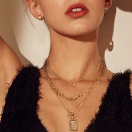 MJartoria Layered Initial Necklaces for Women Trendy, 14K Gold Plated Simple Star Choker Square Letter Pendant Necklace, Paperclip Chain Necklace, Gold Necklaces Jewelry Gifts (Gold, N)