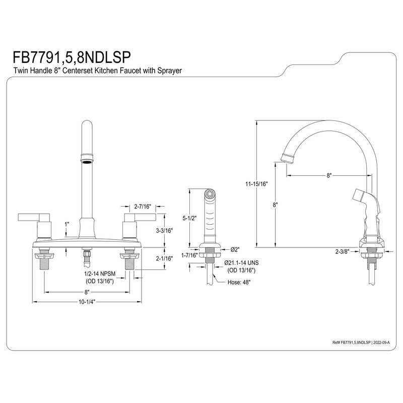 Kingston Brass FB7798NDLSP NuvoFusion 8" Centerset Kitchen Faucet, 10 x