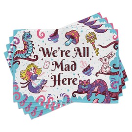 ABAKUHAUS Alice in Wonderland Place Mats Pack of 8, We Are All Crazy Here Quote with Caterpillar White Rabbit Cheshire Cat, Washable Fabric Dining Room Kitchen Table Decorations, Blue Purple Pink