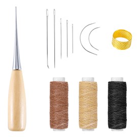 Leather Sewing Needles 12 Pieces, Leather Needles Hand Leather Tool Sewing Needles, Waxed Sewing Thread Sewing Set, Curved Upholstery Needles with Drilling Awl, Waxed Thread, Sewing Needles Thimble