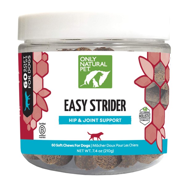 Only Natural Pet Easy Strider Hip and Joint Supplement, All Natural Holistic Glucosamine & Turmeric Formula for Dogs - Made in USA, 60 Soft Chews
