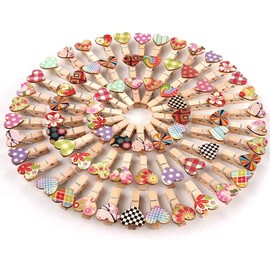 ANCLLO Pack of 100 Mini Clothes Pegs with Hearts, Colourful Heart Wooden Clips, Clothes Pegs, Mini Wooden Pegs, Decorative Pegs for DIY Photos Clips, Wedding Gift Craft Decor