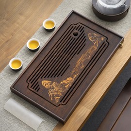 Jotsport 15 Inch Bamboo Kung Fu Tea Tray with Water Storage Drainage for Gongfu Tea Set Chinese Tea Ceremony Serving Table Set